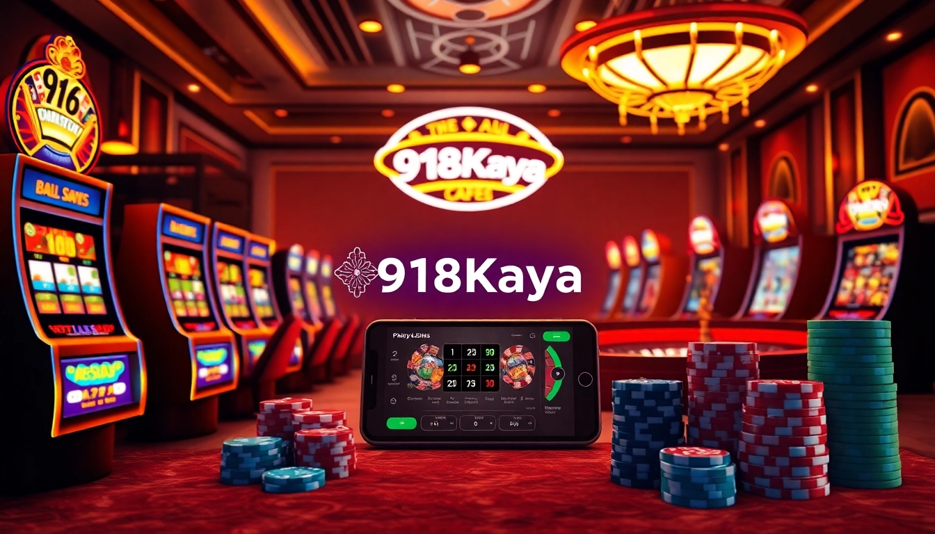 Engage with 918Kaya PNG in a vibrant online casino ambiance showcasing slot machines and roulette.