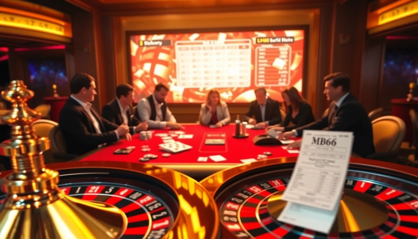 Gambling excitement at https://mb66-t.com/ with poker chips and a roulette wheel spinning.