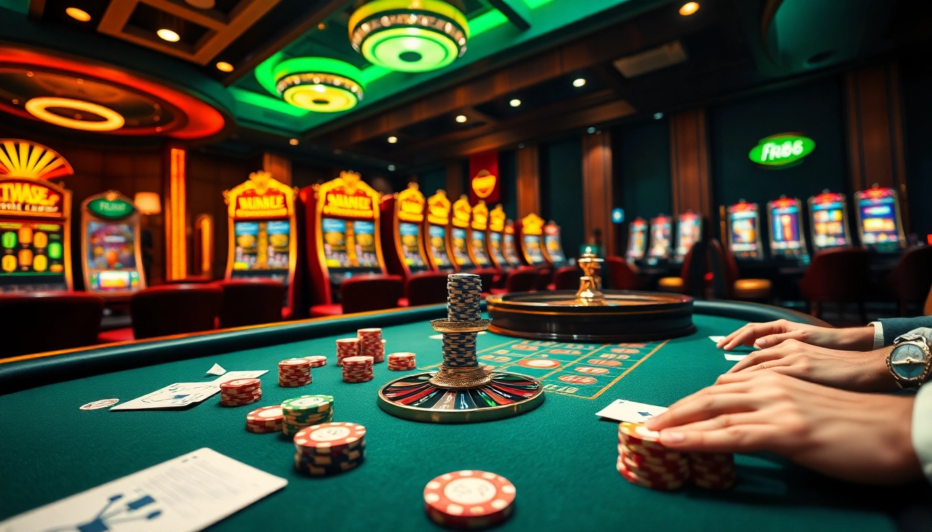 Experience thrilling gaming moments at https://fb88.style/ with vibrant casino scenes featuring poker, roulette, and slot machines.