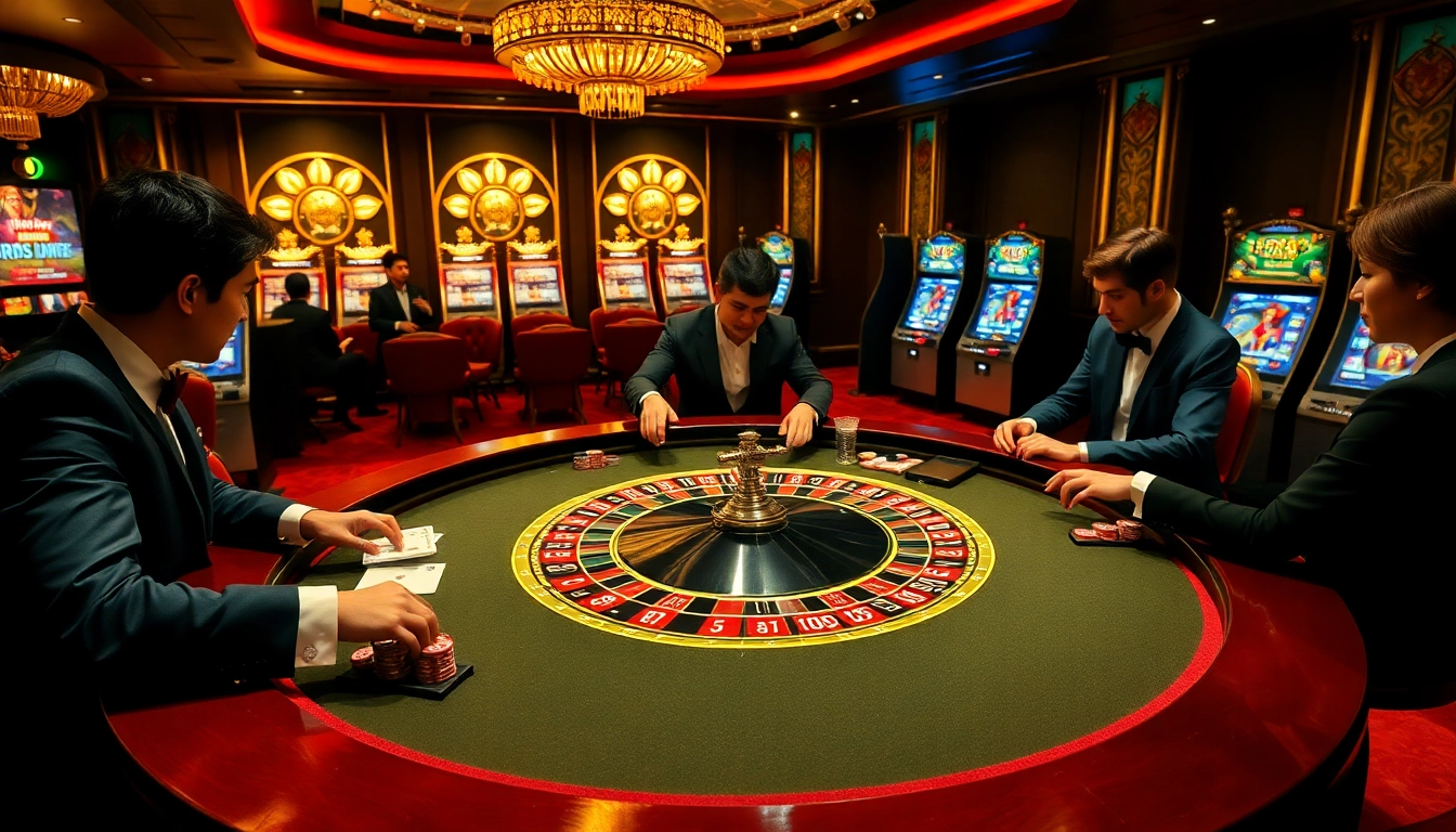 Players enjoying an exciting round at the for88 casino roulette table, filled with poker chips and glimmering cards.