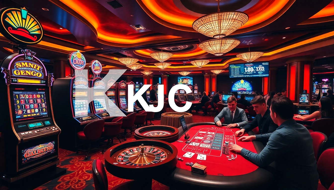 KJC casino scene featuring players at a poker table and vibrant slot machines.