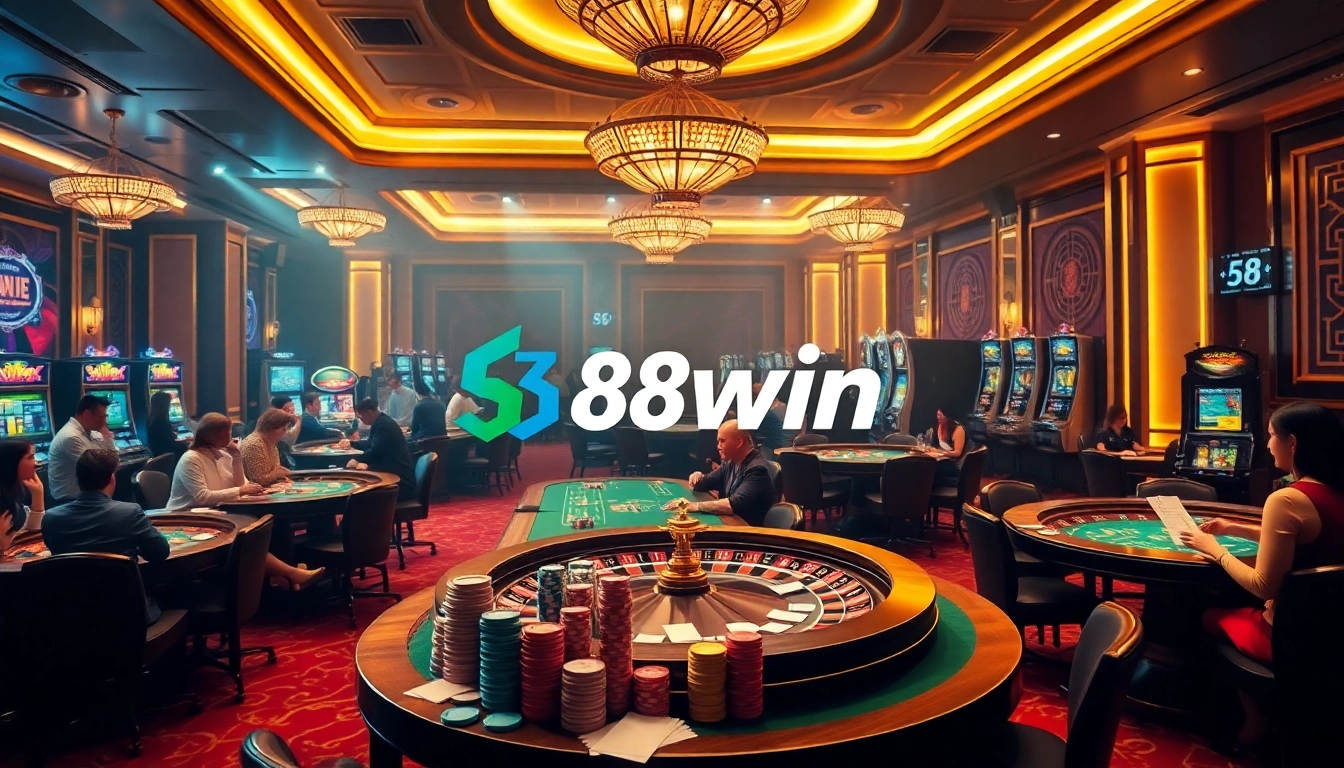 A dynamic casino scene featuring 58win, showcasing poker tables and roulette wheels with excited players.