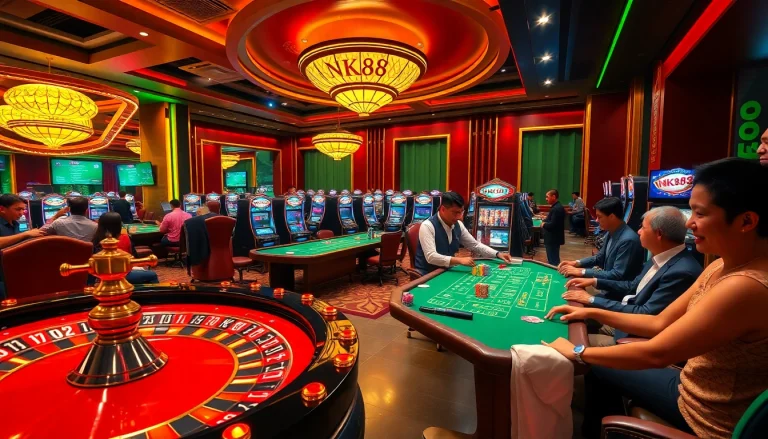 NK88 betting at a vibrant casino scene showcasing roulette, poker tables, and excited players.