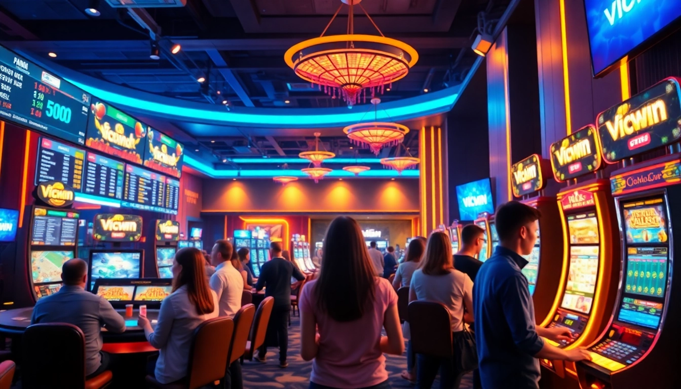 Engaged players enjoying diverse online gaming experiences on the VICWIN platform, showcasing a vibrant casino atmosphere.