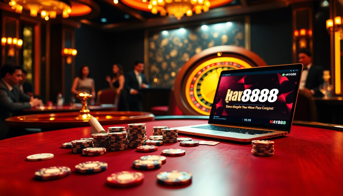 Experience the thrill of Hay88's casino action with vibrant poker chips and cards at a luxurious gaming table.