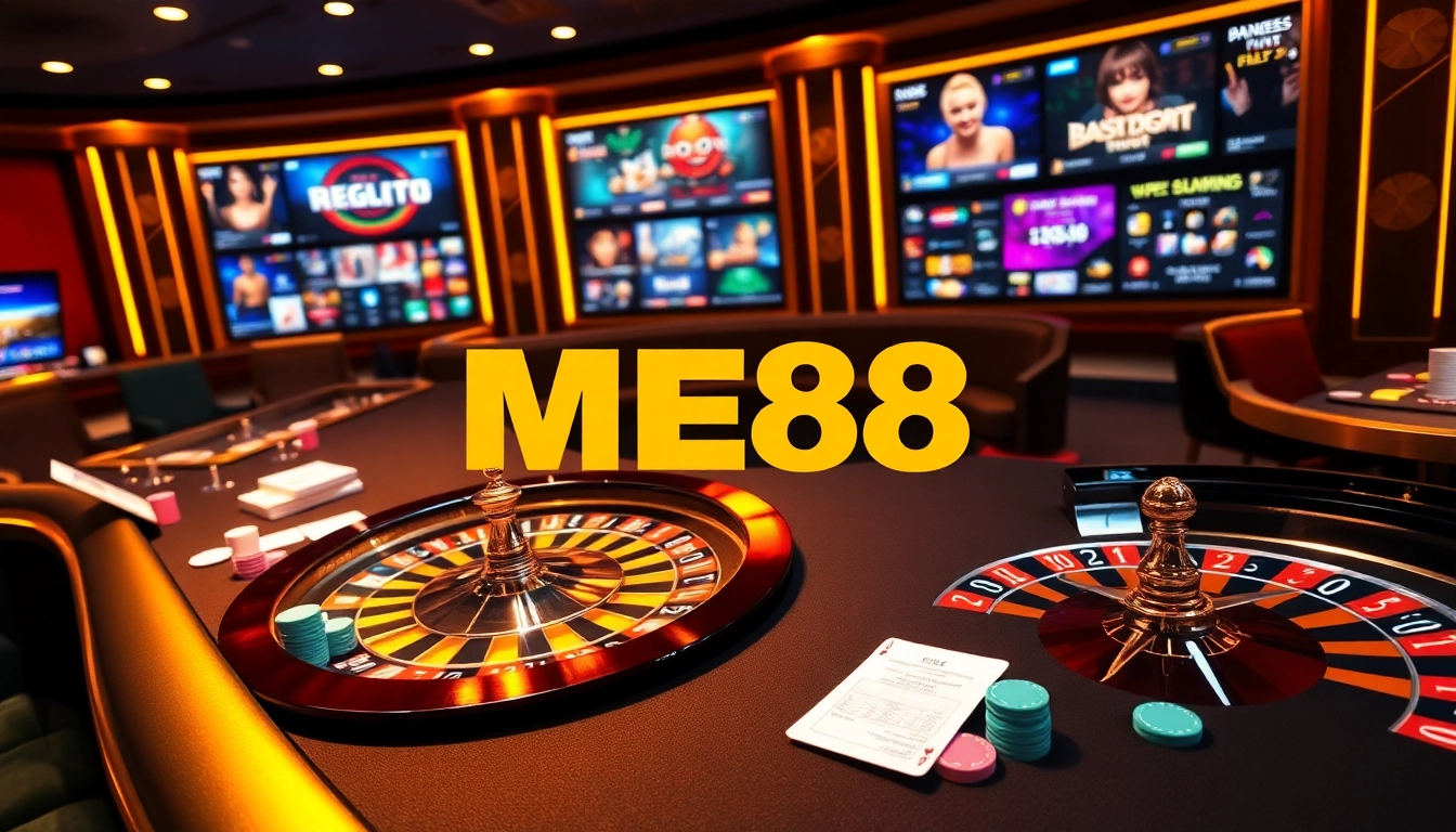 Exciting ME88 casino scene with vibrant poker chips and thrilling roulette wheel.