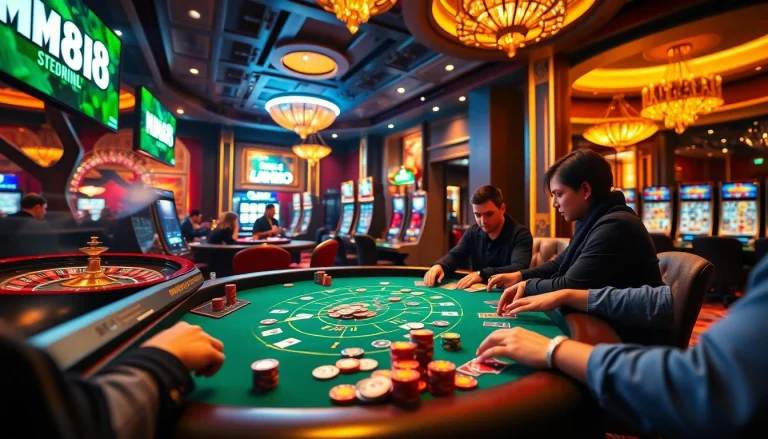 Experience intense gambling action with MM88 at a vibrant poker table surrounded by casino elements.