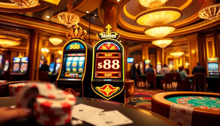 Pemain yang antusias di mesin slot88 di kasino mewah, menampilkan momen kemenangan dan dekorasi yang cerah.