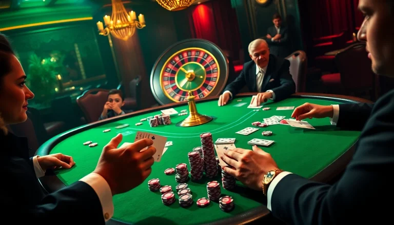 Exciting players at the s8 club poker table, surrounded by chips and a roulette wheel.