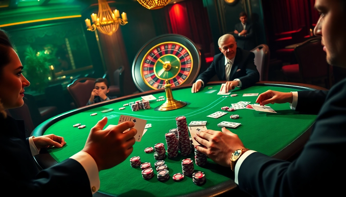 Exciting players at the s8 club poker table, surrounded by chips and a roulette wheel.