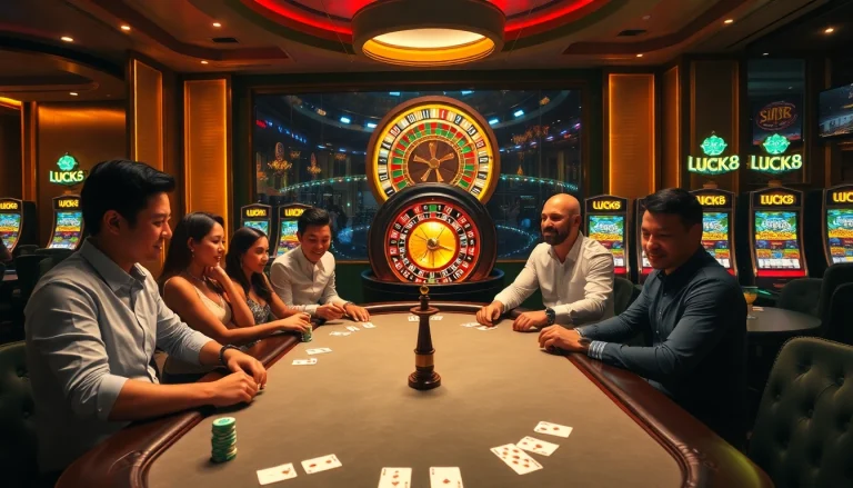 LUCK8 Casino scene showcasing poker players and vibrant roulette atmosphere, inviting thrill and excitement.