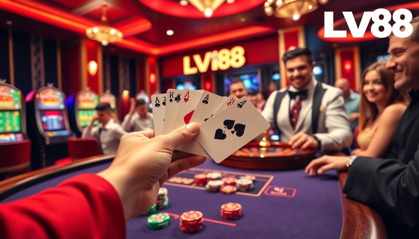 Players enjoying an exciting game at lv88 casino, featuring poker chips and a roulette wheel.