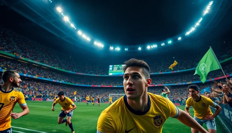 Socolive streaming a thrilling soccer match in a vibrant stadium filled with cheering fans.