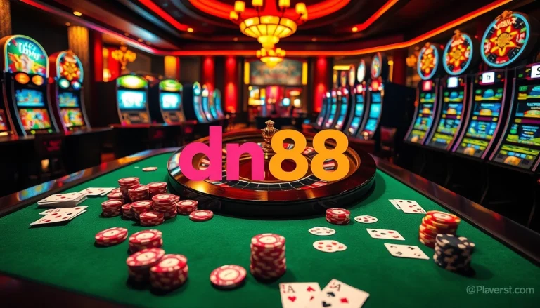 Experience thrilling gameplay at dn88 with an exciting casino scene featuring a roulette wheel and poker chips.
