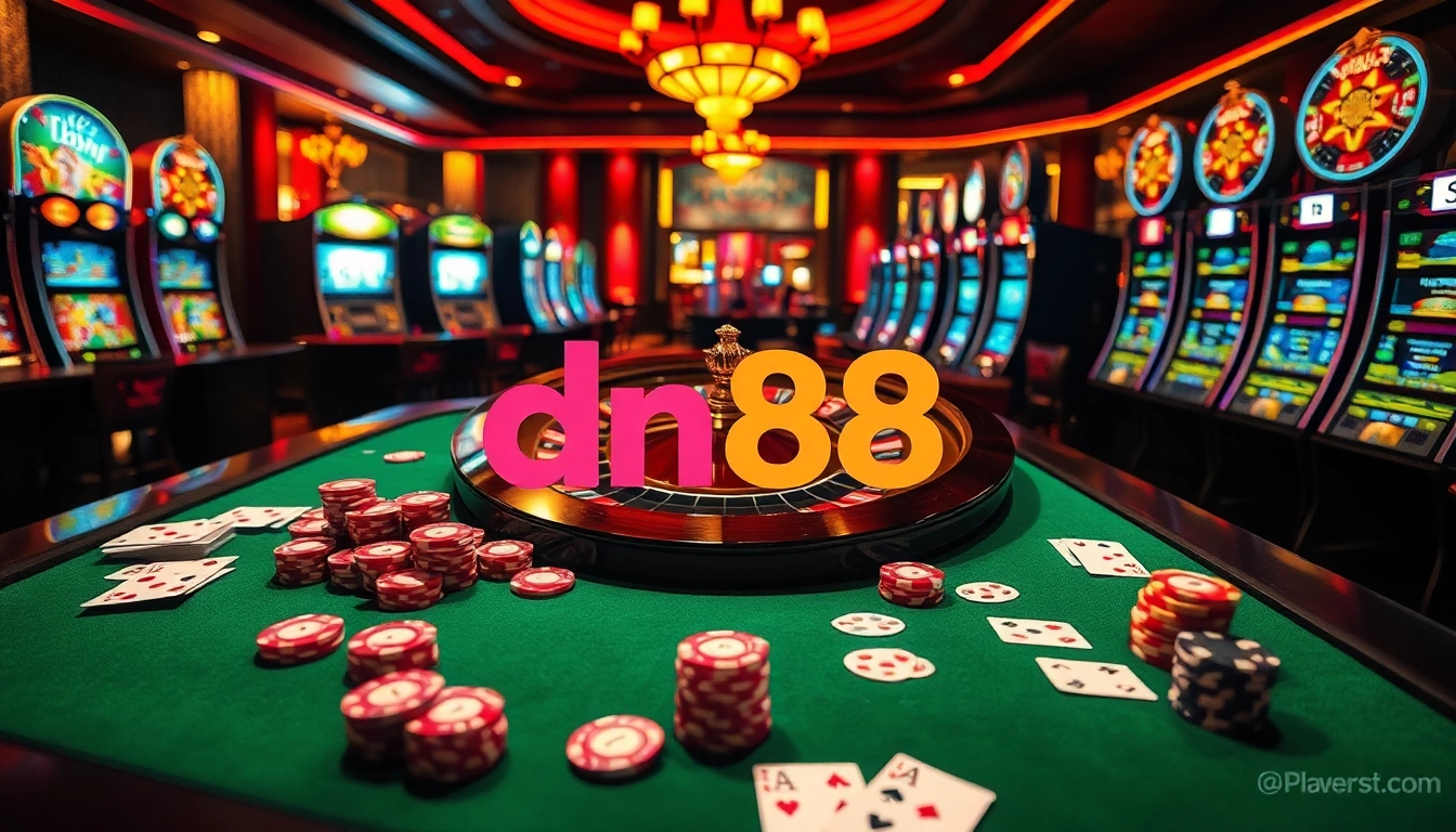 Experience thrilling gameplay at dn88 with an exciting casino scene featuring a roulette wheel and poker chips.