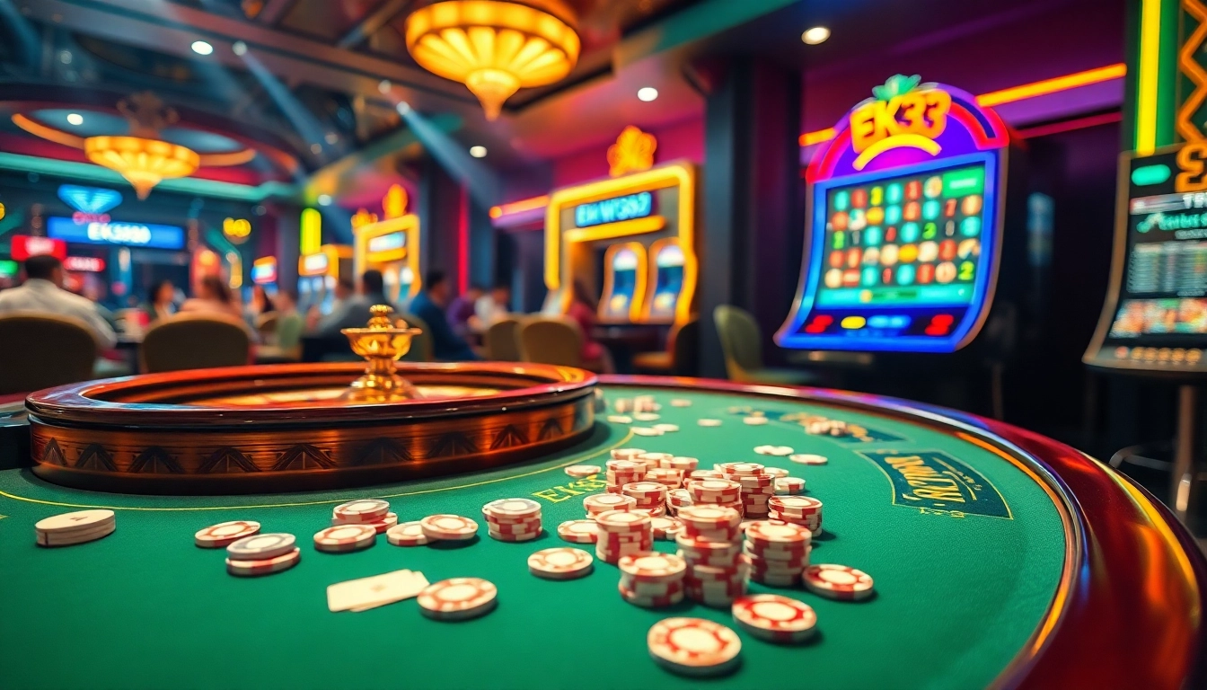 Experience the thrill of EK333 casino table gaming with vibrant cards, chips, and roulette.