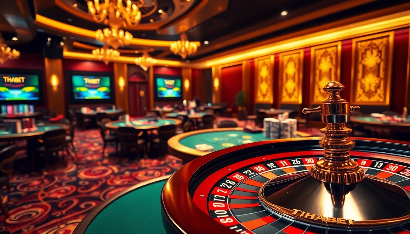 Engage in thrilling bets at THABET's vibrant casino tables with chips and cards.