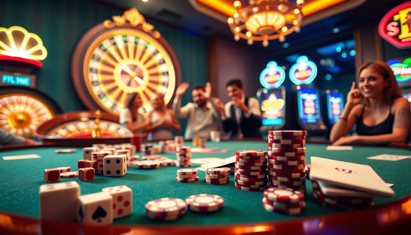 Exciting gaming experience at 79king with colorful slot machines and poker tables.