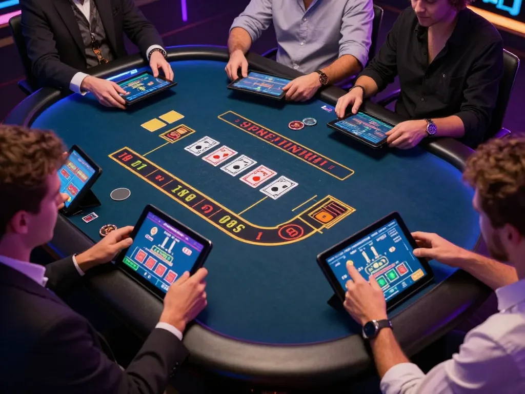 Players enjoying a thrilling blackjack game at MB66's online casino platform, capturing vibrant gameplay.
