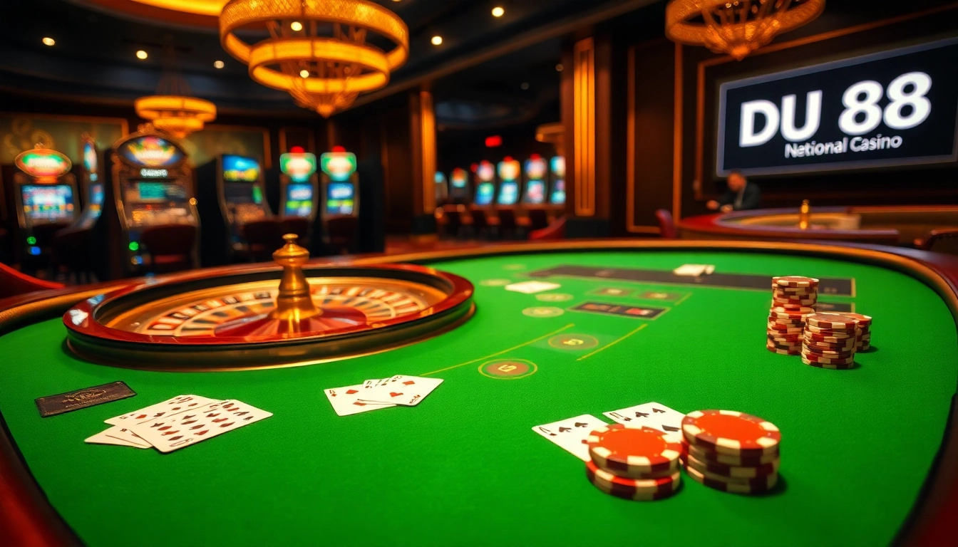 Experience the thrill of DU88's luxurious casino atmosphere with vibrant gaming tables and slot machines.