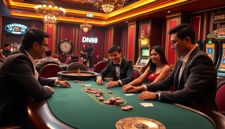 Intense poker game at DN88 online casino featuring luxurious chips and cards.