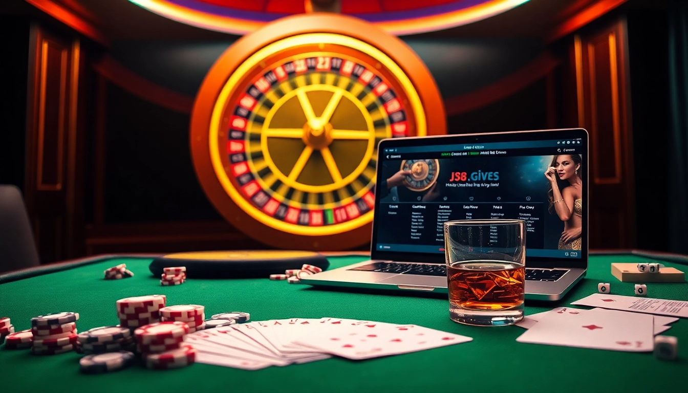 Experience high-stakes excitement at https://j88.gives/ with vibrant casino visuals of spinning roulette and poker chips.