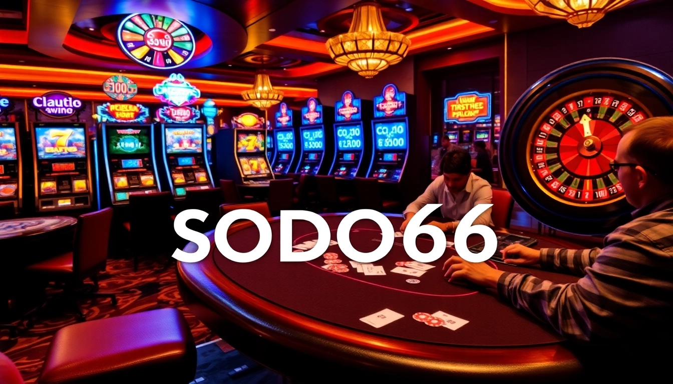 SODO66 players enjoying a thrilling high-stakes poker game with vibrant colors and exciting gambling elements.