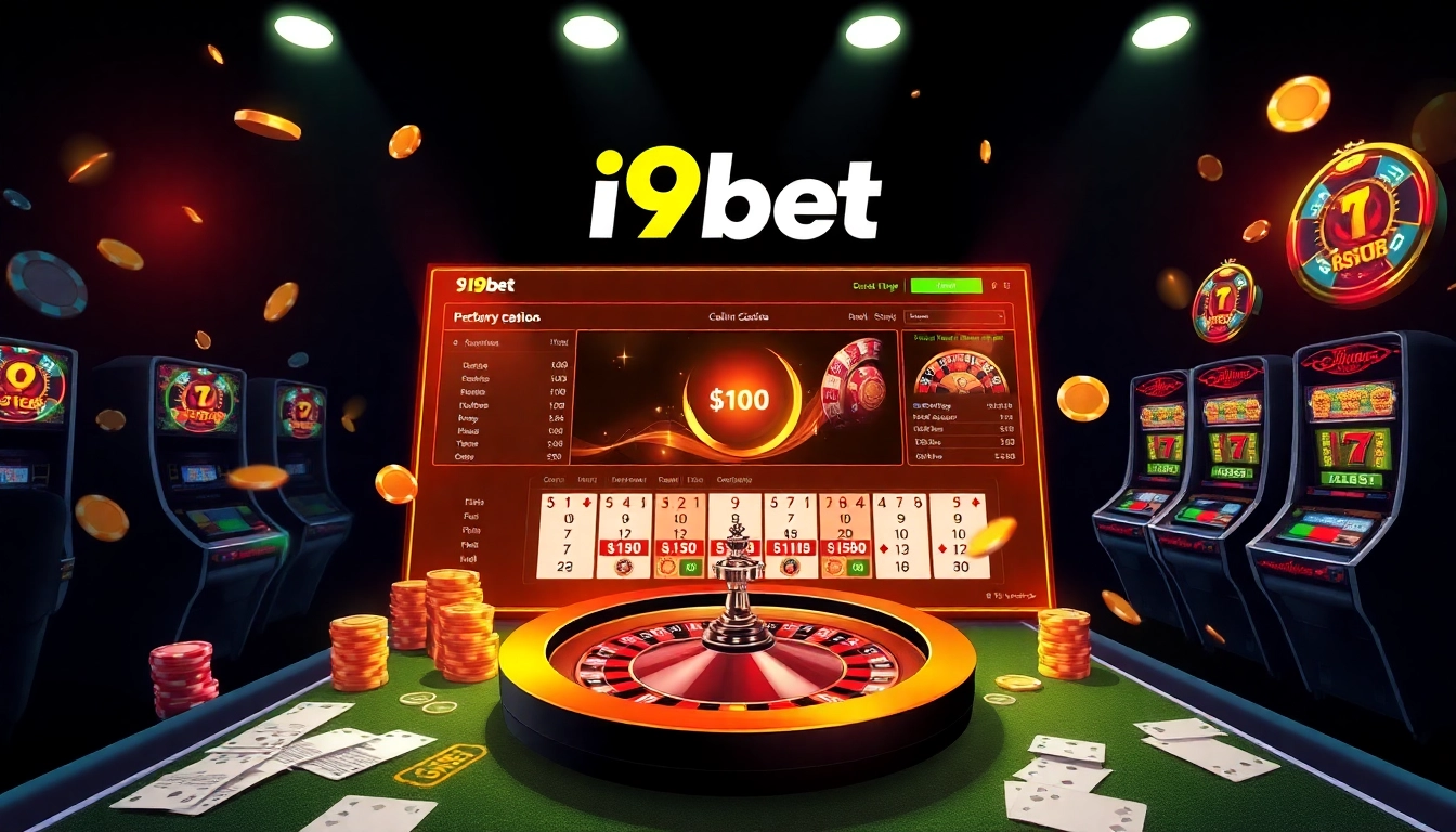 Experience the thrill of betting with i9bet, featuring a luxurious online casino interface showcasing poker chips and a roulette wheel.