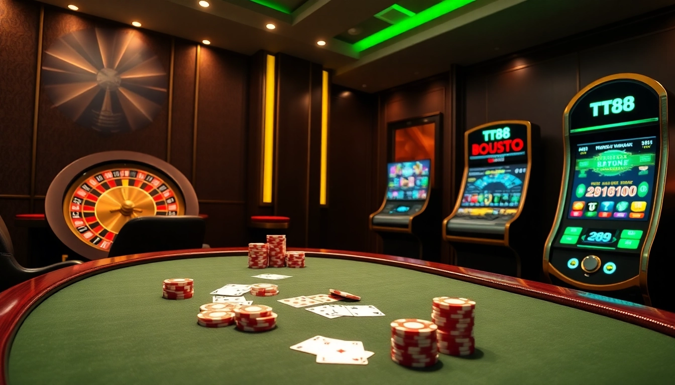 Experience TT88's excitement at a luxurious casino table with high-stakes poker chips and cards.