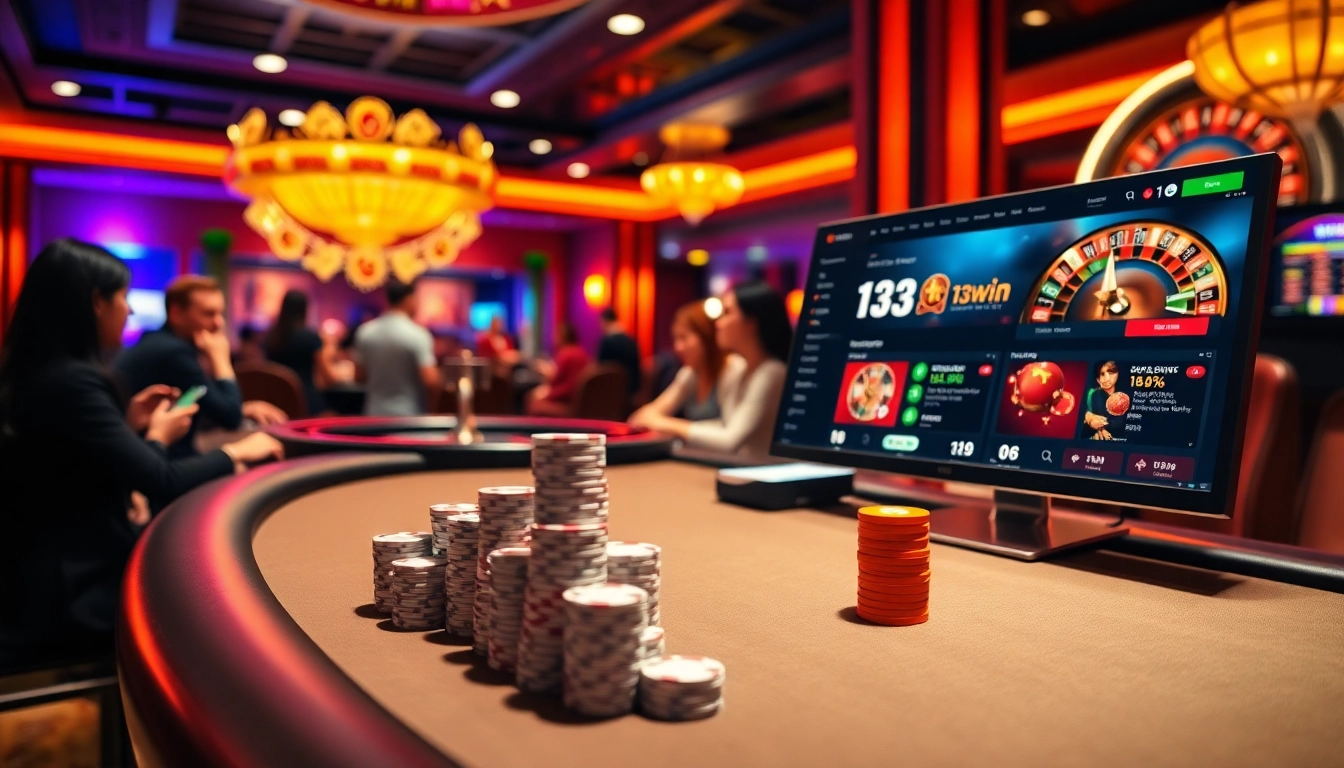 Exciting poker action at 13win casino with vibrant chips and roulette.