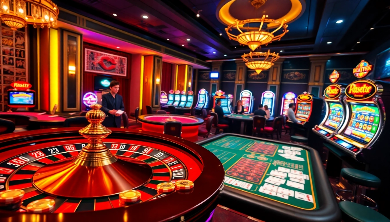Engaging casino scene featuring rr88.center with poker players at tables and spinning roulette wheels.