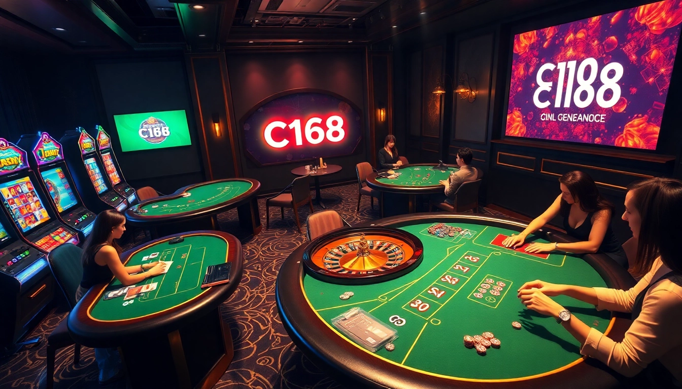 C168 casino scene showcasing vibrant tables, poker chips, and thrilling atmosphere of online gambling