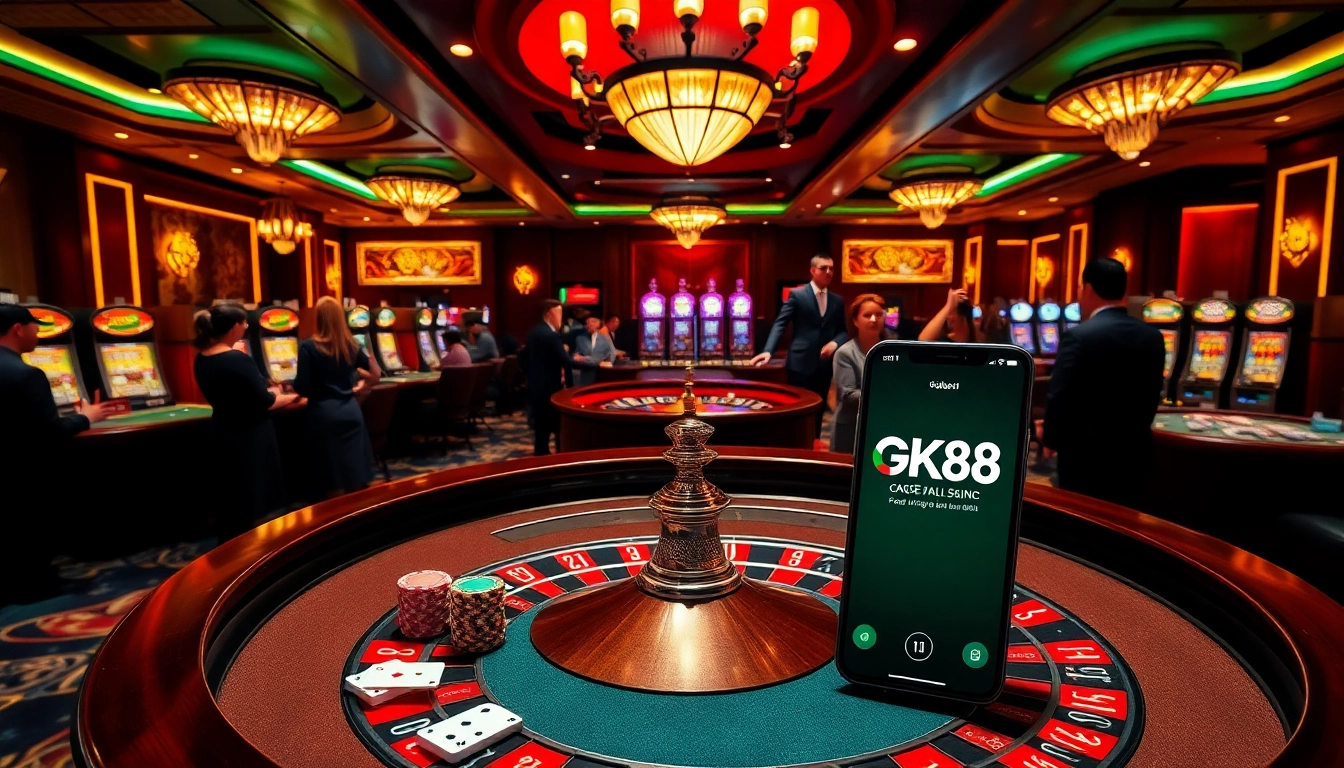 Engage with GK88's luxurious casino experience featuring roulette tables, poker chips, and a smartphone app.