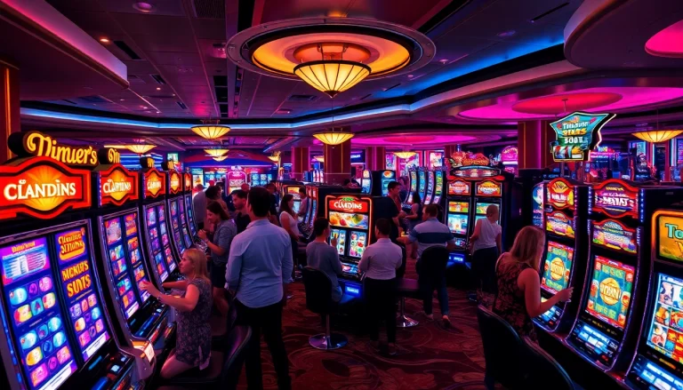 Excited players enjoying diverse slot machines in a vibrant casino atmosphere.