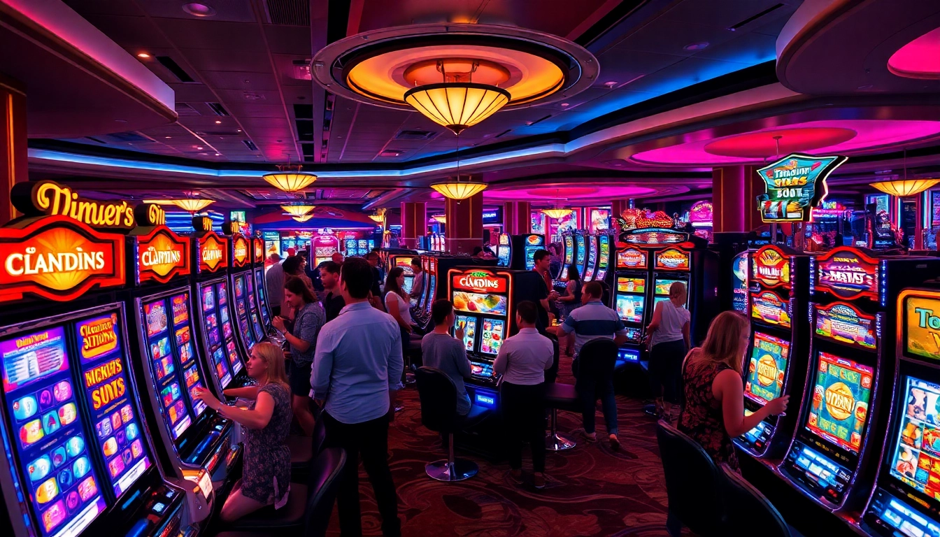 Excited players enjoying diverse slot machines in a vibrant casino atmosphere.