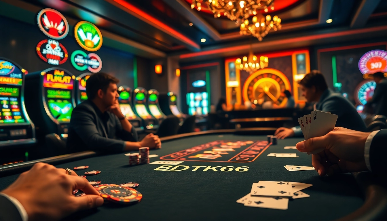 Exciting poker gameplay at BDTK66 casino with vibrant chips and cards on the table.
