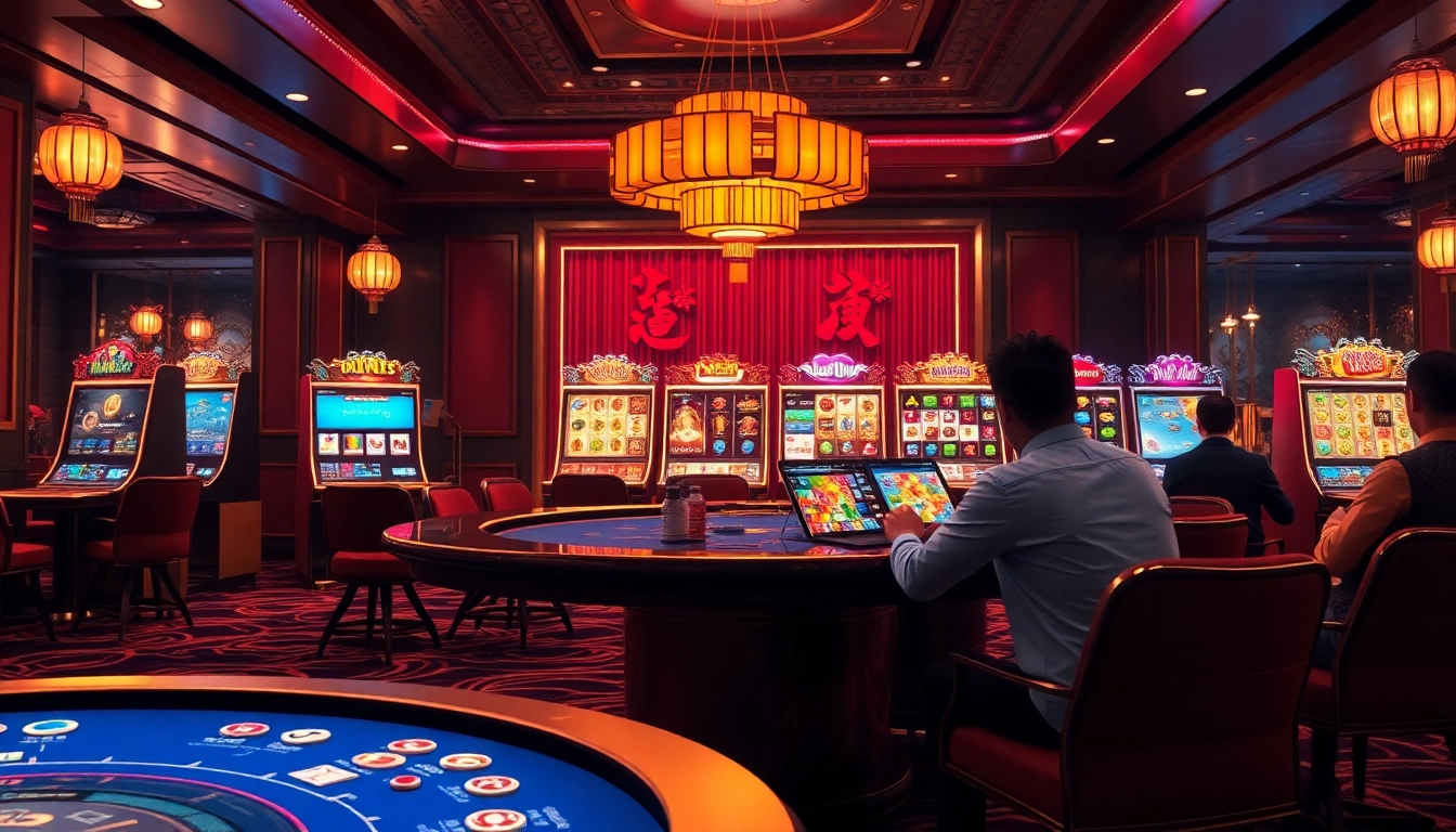 88clb casino gaming table with vibrant interfaces and lively players in a luxurious environment.