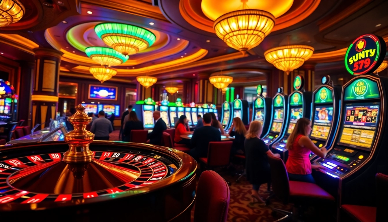 Fun79 gamblers enjoying a vibrant casino atmosphere with roulette wheel and poker chips.