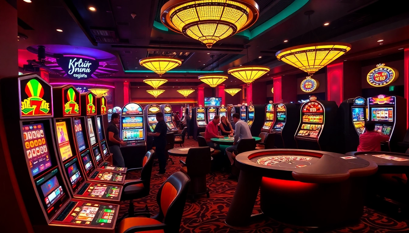 KTPJITU online casino scene with vibrant slot machines and lively players winning bets.