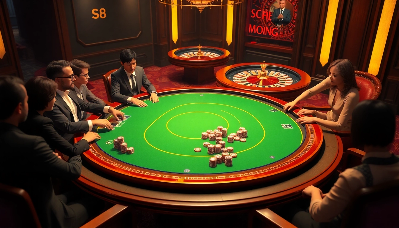 Experience the thrill of S8 casino gaming at a vibrant poker table with dynamic players.