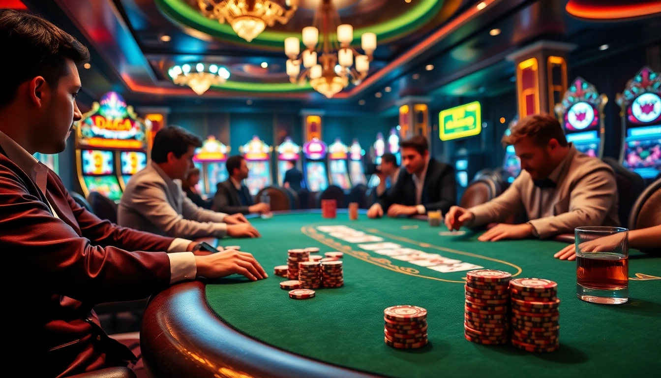 Daga-themed luxury poker scene with players, chips, and slot machines in vibrant casino.