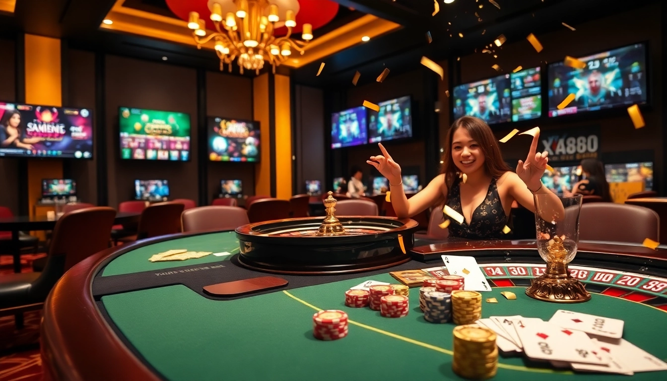 Players celebrating a win at the stylish XX88 casino with cards and roulette while showcasing excitement.
