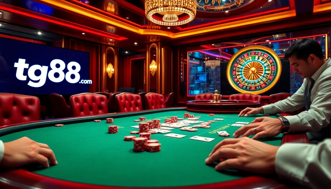 Experience thrilling gameplay at tg88 com with players engaged at a vibrant poker table.