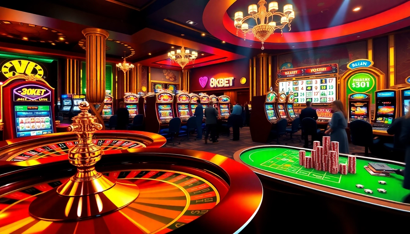 Experience the excitement of 8kbet with players enjoying roulette and slot machines in a vibrant online casino setting.
