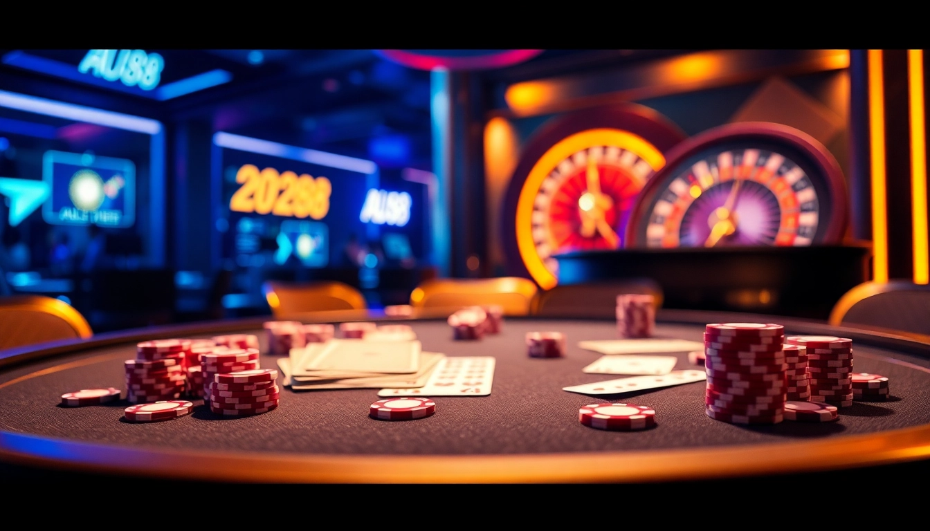 Experience the thrill of gambling at AU88 with a luxurious casino scene featuring poker games and vibrant ambiance.