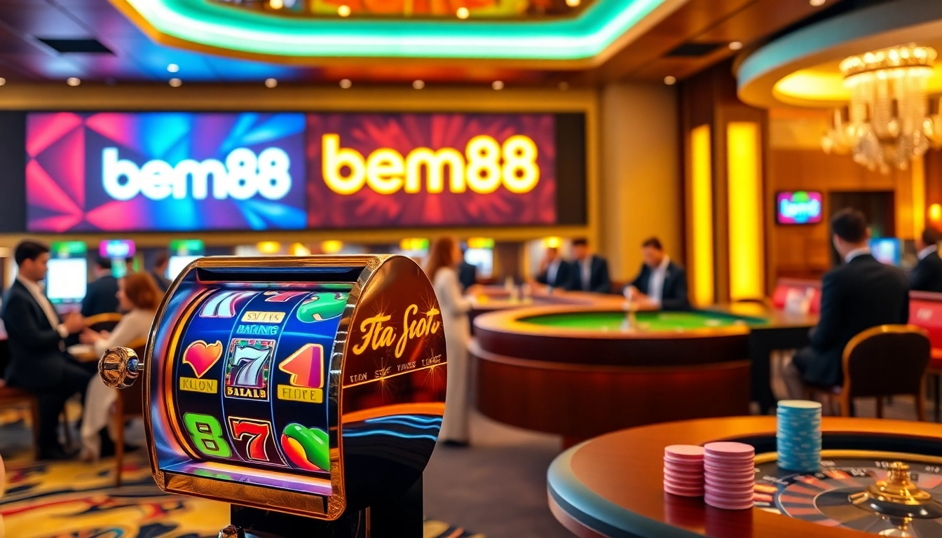 Excited players winning big at bem88 casino with colorful chips and games