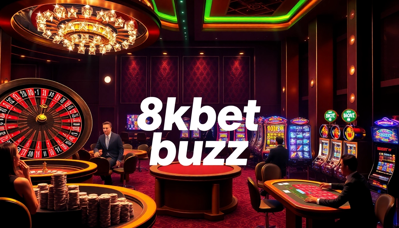 Exciting gambling scene representing 8kbet buzz with poker chips, slot machines, and roulette wheel.