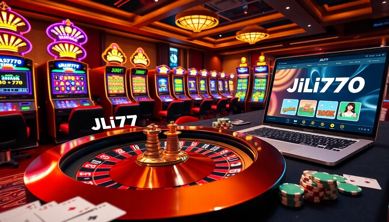 Experience the thrill of Jili777 Official with vibrant casino scenes featuring roulette and online gaming.