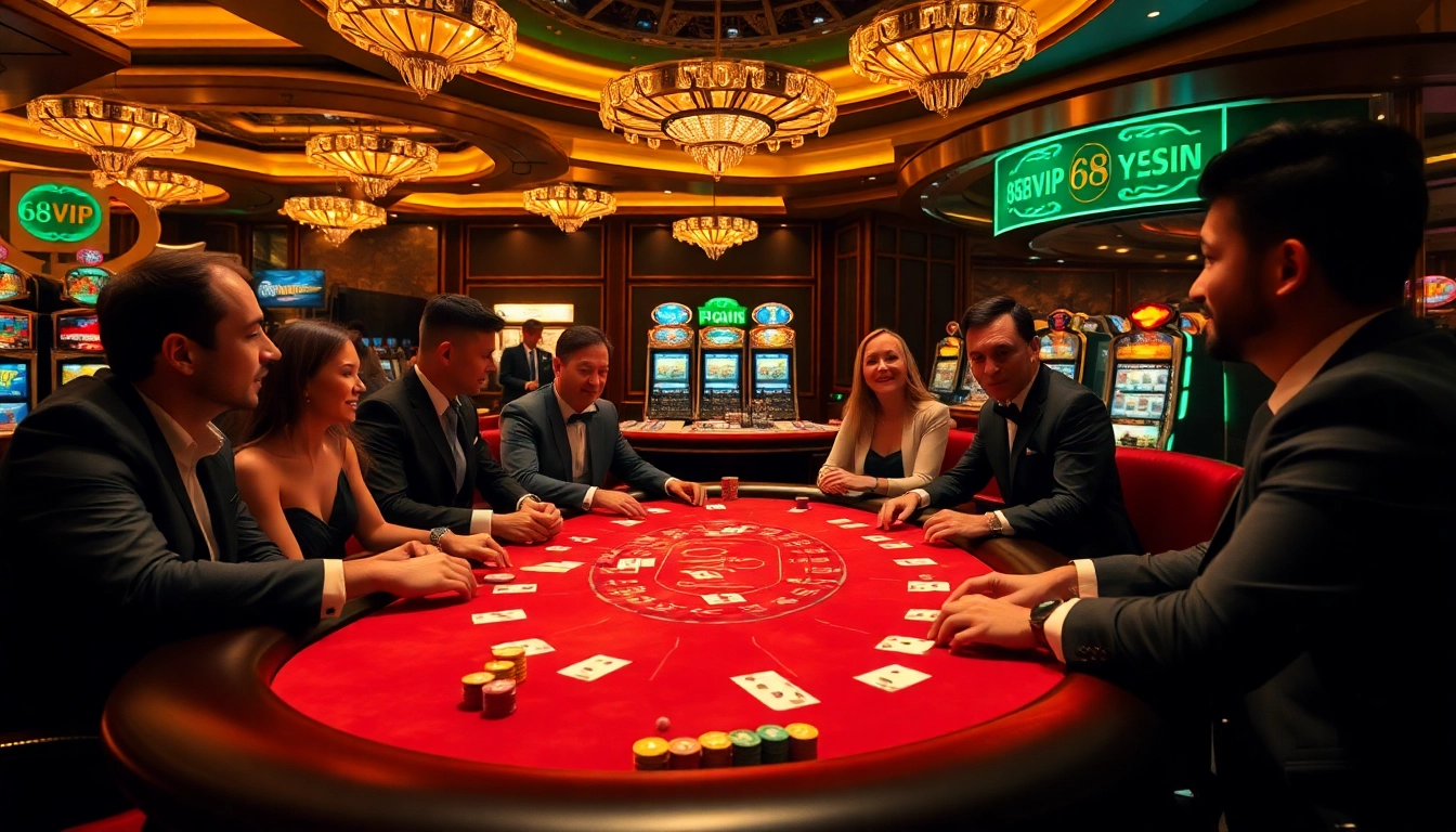 Exciting players at the 68VIP poker table celebrate a thrilling hand in a luxurious casino atmosphere.