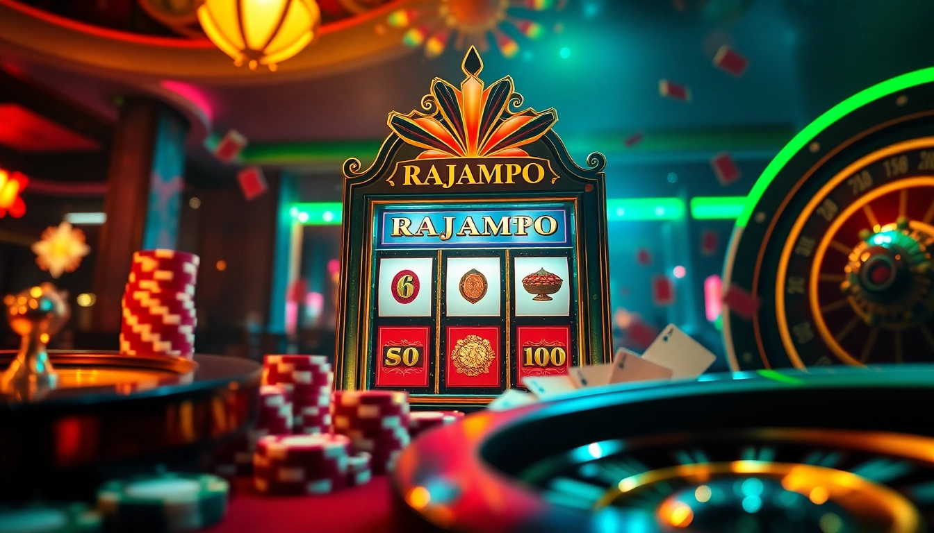 Jelajahi mesin slot RAJAMPO yang mendebarkan di kasino mewah, dikelilingi oleh chip poker dan kartu berwarna-warni.